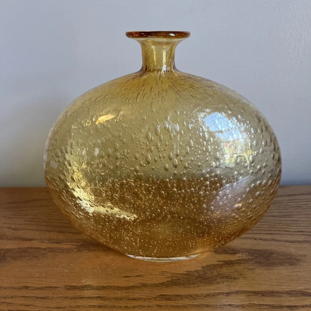 Vintage Bubble Glass Vase Amber Yellow Art Glass Contemporary MCM